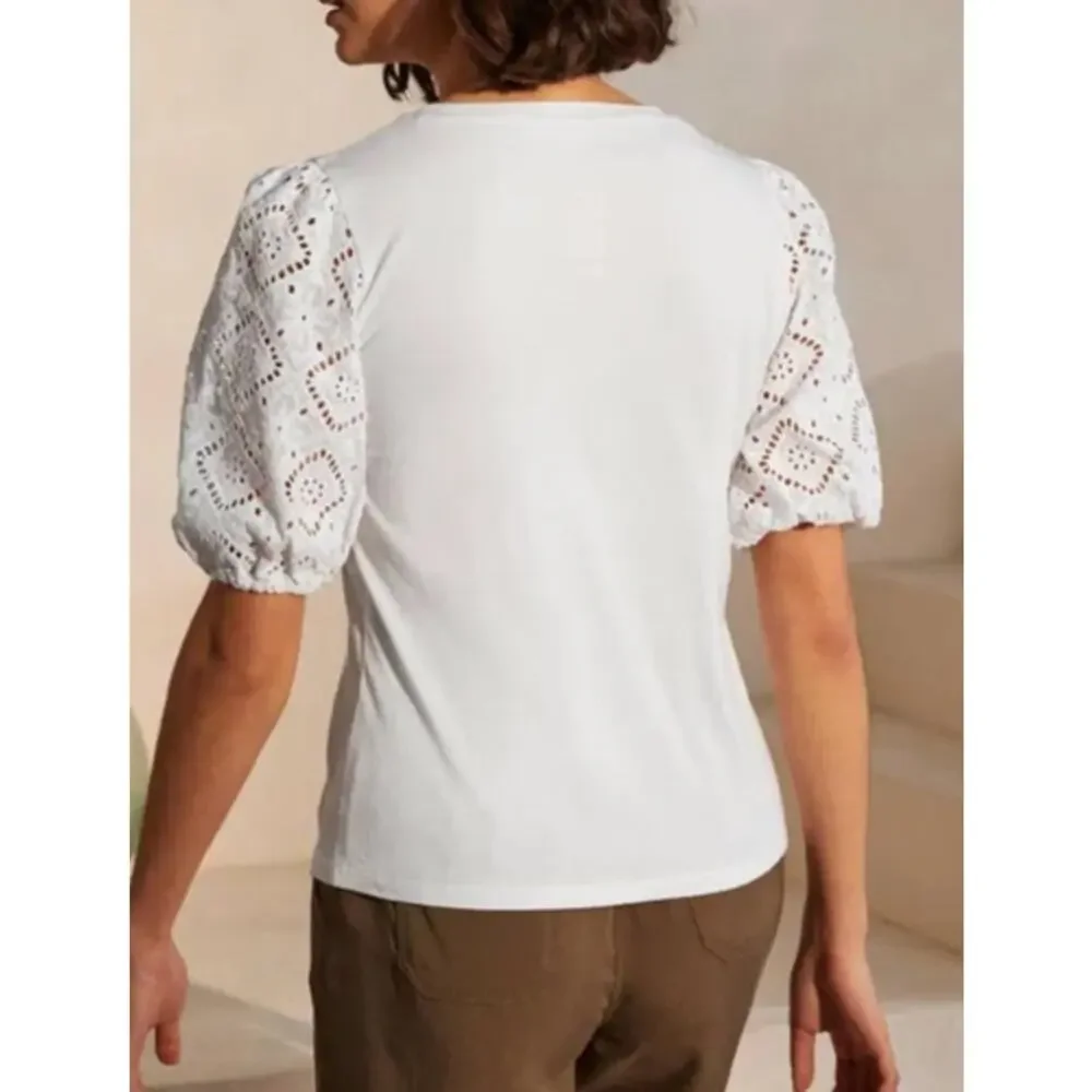 Boden Abigail Lace Eyelet Puff Sleeve Jersey Top Size 16 White Romantic Cottage - Picture 2 of 9